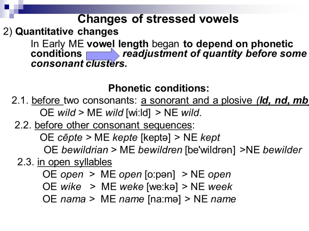 Changes of stressed vowels 2) Quantitative changes In Early ME vowel length began to